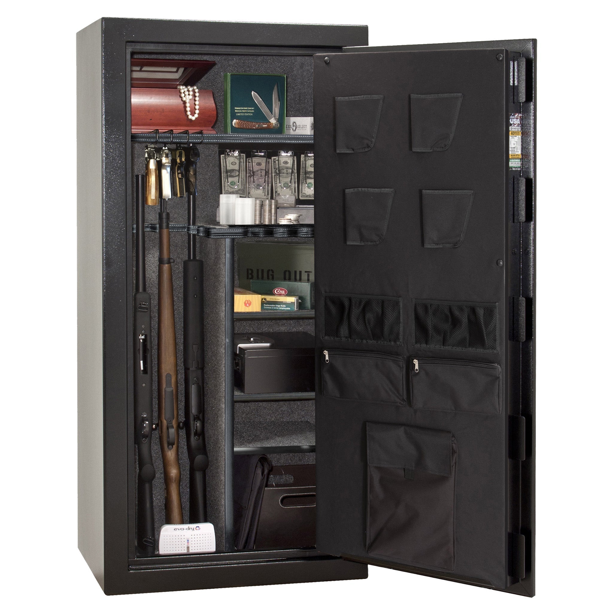 Centurion DLX 24 | Level 1 Security | 40 Minute Fire Protection | Dimensions: 59.5" x 28.25" x 20" | Textured Black | Chrome | Elock - Drop Handle Promotion - Open Door