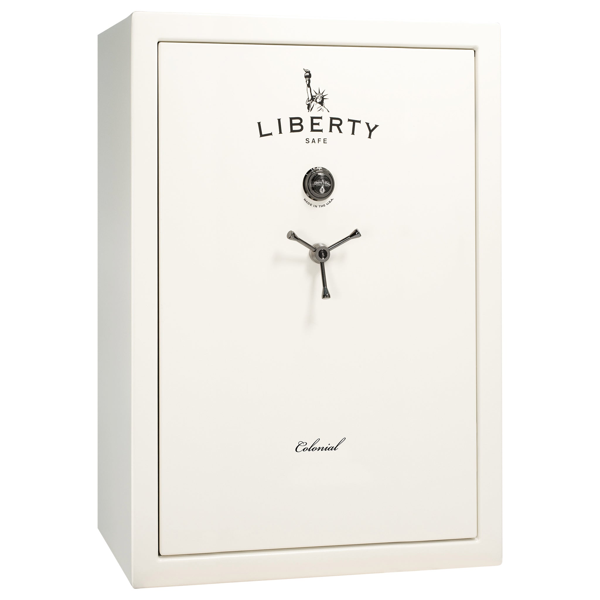Colonial 35 | Pro Flex Interior | Level 4 Security | 75 Minute Fire Protection | Dimensions: 60.5"(H) x 42"(W) x 22"(D) | Up to 45 Long Guns | White Gloss Black Chrome | Mechanical Lock - Closed