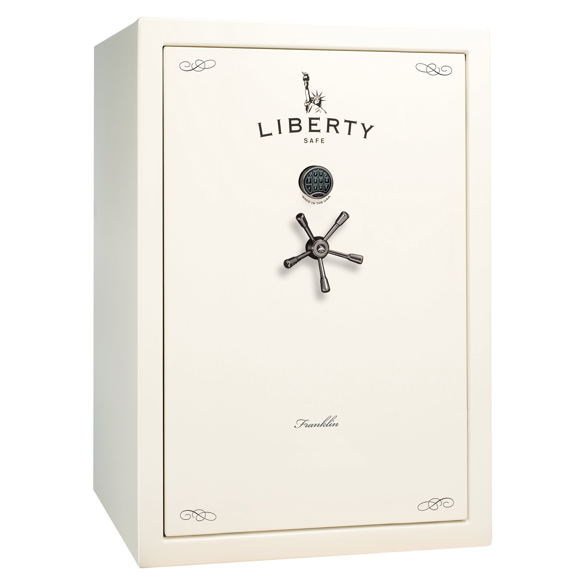 Franklin 45 | Pro Flex Interior | Level 5 Security | 110 Minute Fire Protection | Dimensions: 60.5"(H) x 42"(W) x 27.5"(D) | Up to 60 Long Guns | White Gloss Black Chrome | Electronic Lock - Closed